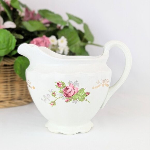 Antique White Porcelain Pitcher Vase Chester Pottery Pink Rose Shabby Chic Decor - Picture 2 of 10